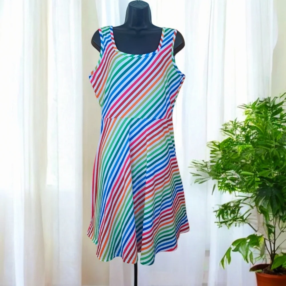 Colorful Diagonal Striped Fit Flare Dress Women's Size XL Classic Dainty Summer - Picture 2 of 11